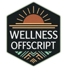 Hexagonal logo with 'Wellness Offscript' text and sun design on a white background